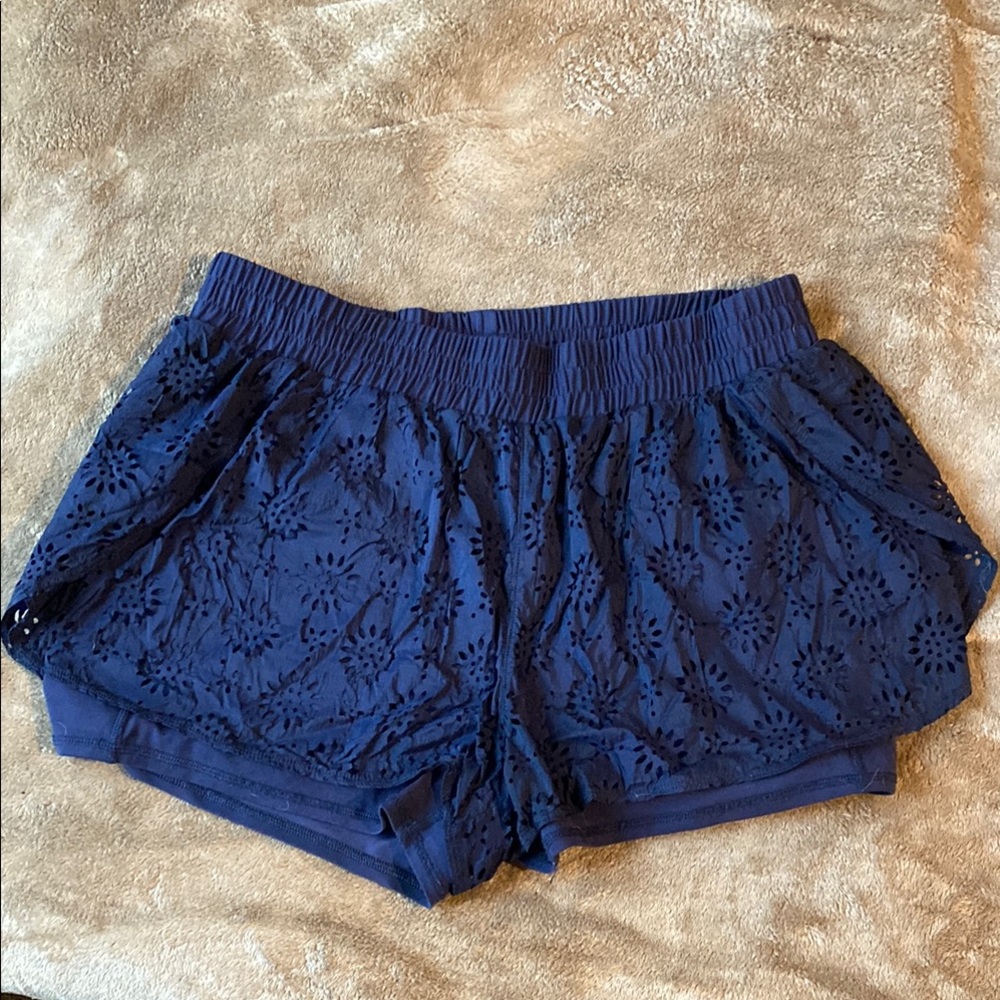 Aerie Navy Blue High Waist Shorts with Eyelet Pattern